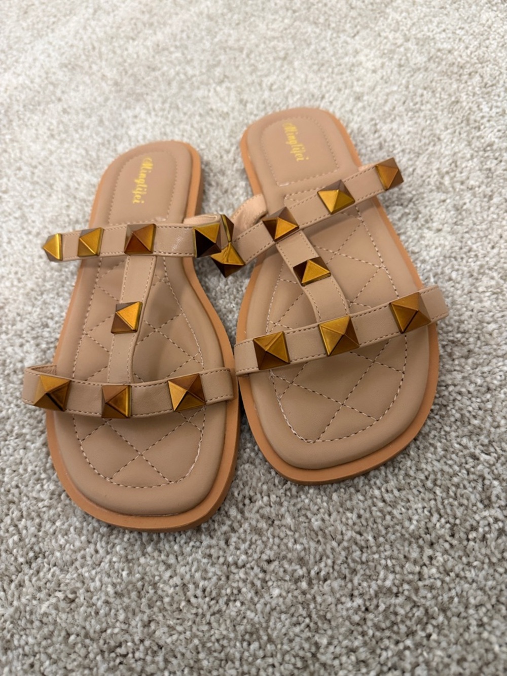 Studded Tan Leather Slide Sandals - Women